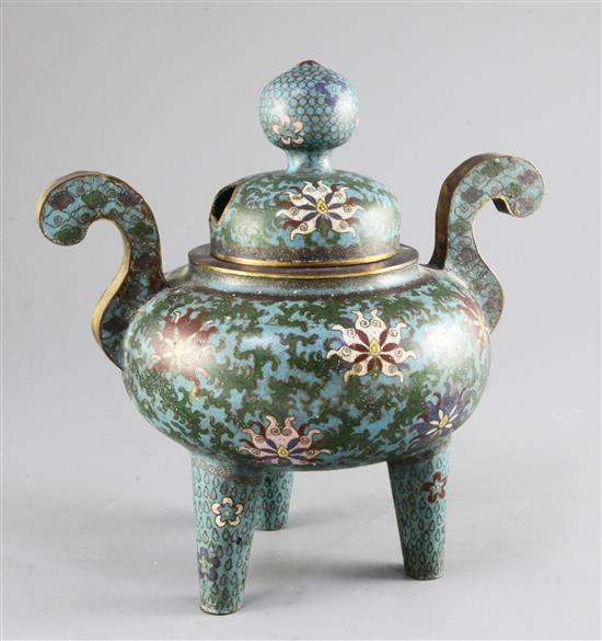 A Chinese cloisonne enamel ding censer and cover, late 19th / early 20th century, height 26cm
